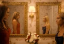 "Two women in elegant dresses stand facing each other in a warmly lit, ornate bathroom with floral wallpaper, gold-framed mirrors, wall lamps, and a vase of flowers on the counter, their reflections visible in the mirrors."
