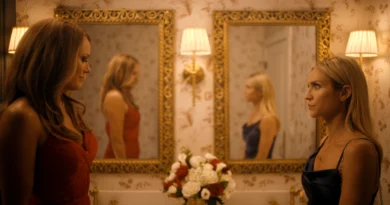 "Two women in elegant dresses stand facing each other in a warmly lit, ornate bathroom with floral wallpaper, gold-framed mirrors, wall lamps, and a vase of flowers on the counter, their reflections visible in the mirrors."